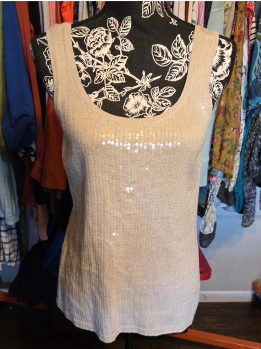 LOFT Beige Sequin Scoop Neck Tank